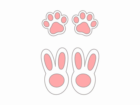 Lindo dibujo animado con orejas de conejo rosa y huellas de patas aislado sobre un fondo blanco liso.