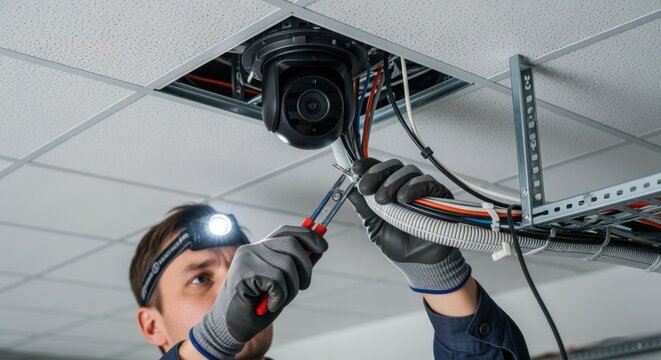 Electrician securing wiring harness beneath a robotic PTZ camera on suspended ceiling tiles highlighting integration with building infrastructure.