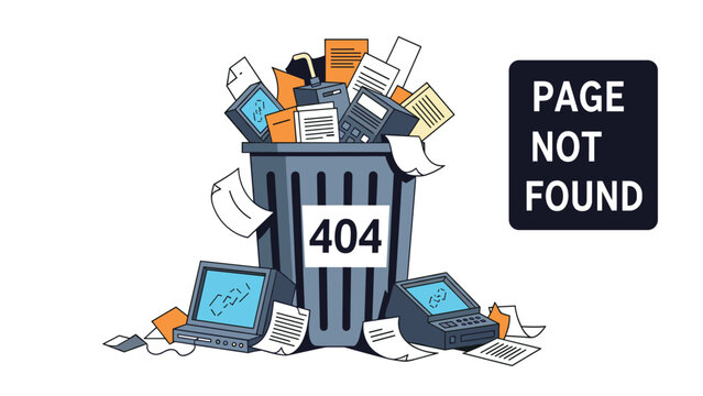 Creative concept for a 404 page not found error featuring a trash bin filled with obsolete computer hardware and files.