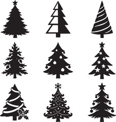 Obraz premium Minimalist Christmas tree silhouettes, set of 9 black pine tree icons. Modern winter evergreen vector graphics for holiday cards and festive branding.