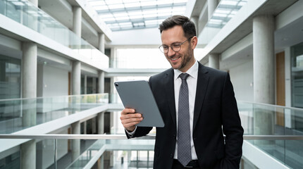 Fototapeta premium Joyful Caucasian Businessman Celebrating Success with Digital Tablet in Modern Corporate Office