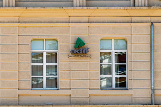 Barcelona, Spain-June 23, 2026. ADIF Railway Company Logo on Vic Train Station Facade, Catalonia