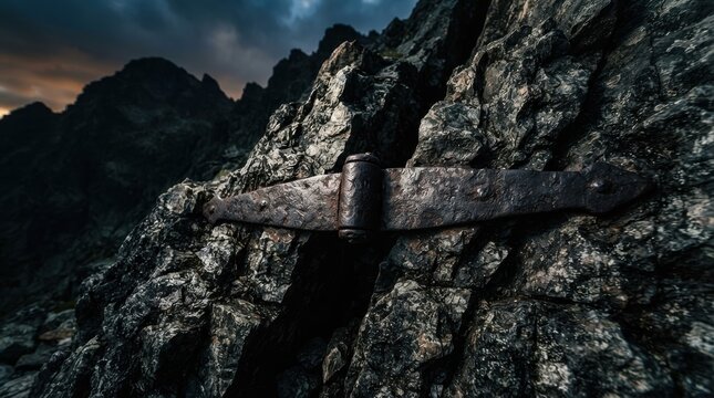 Old rusty metal hinge fixed on a dark rocky mountain cliff