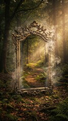 Obraz premium Ornate mirror frame standing in a misty forest