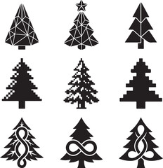 Obraz premium Minimalist Christmas tree icons set, geometric and pixel art pine tree silhouettes, black and white holiday fir tree vector collection