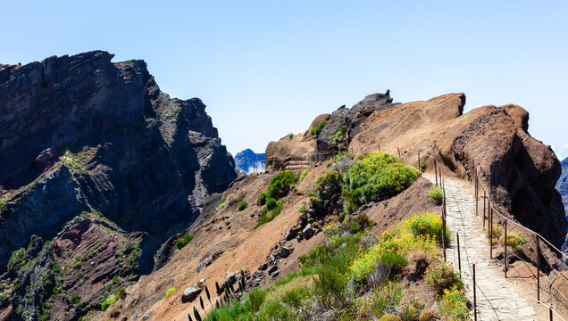 Mountain hiking trail winds through volcanic cliffs. PR1 Vereda do Areeiro path connects peaks on Madeira Island. Rugged terrain under clear blue skies highlights wild nature.