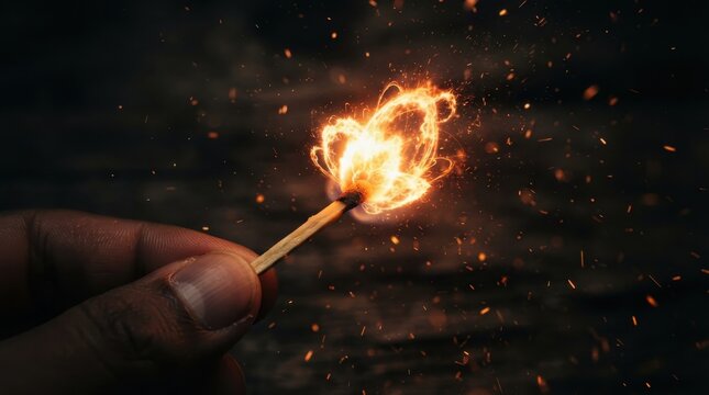 Person holding a burning matchstick with glowing fire sparks