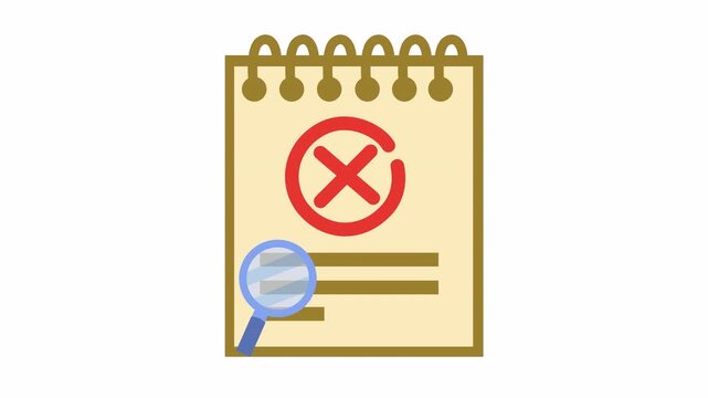 Spiral notepad with rejected red cross circle and magnifying glass cartoon animation isolated in an alpha channel for failed audit note concept and rejected verification symbol.