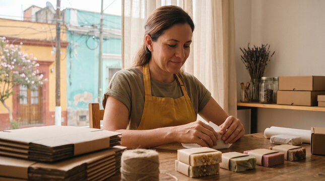 Woman Wrapping Handmade Soap Bars in Her Small Business Studio