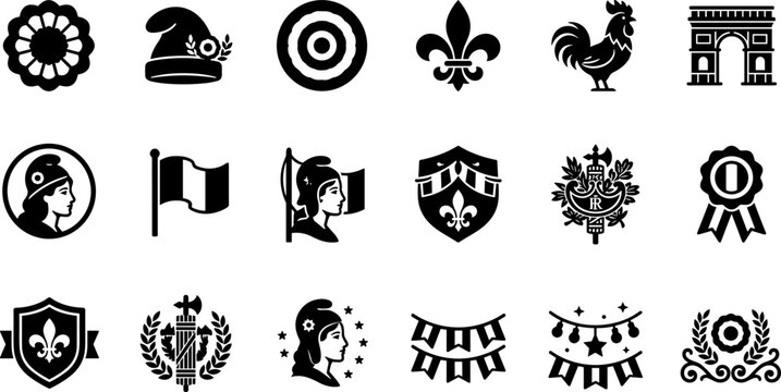 Set of french national symbols and icons, vector illustration