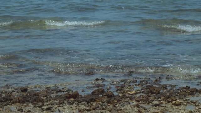 Fishing boat anchored at a dirty beach on a windy day