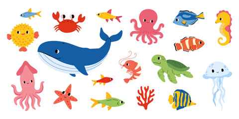 Naklejka premium Сute ocean animals collection. Whale,turtle, octopus, fish,squid, jellufish, shrimp and crab. Underwater marine life. Flat design, vector illustration for kids.