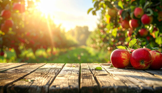 Fresh apples on weathered wood table in orchard