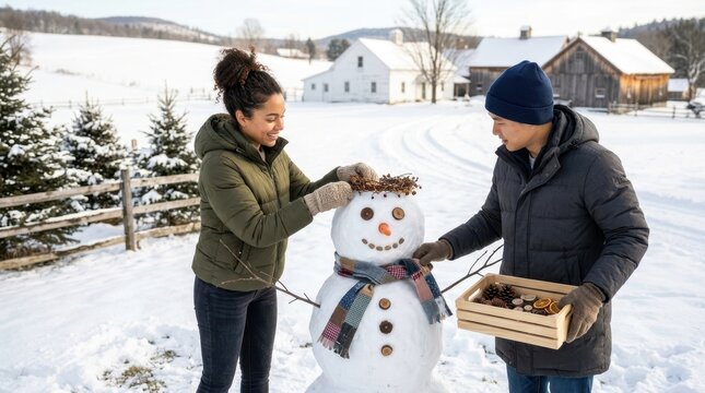 Building a snowman together in a winter wonderland