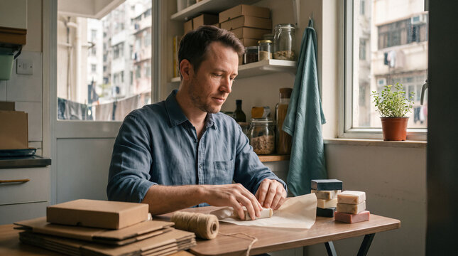 Man Wrapping Handmade Soap Bars at Kitchen Table for His Small Business