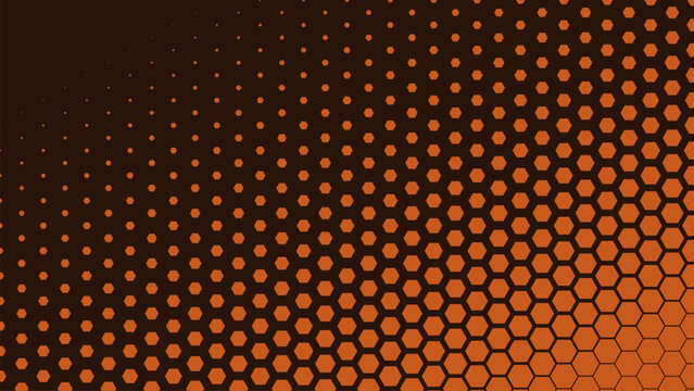 Abstract hexagon halftone gradient background with vibrant orange hexagons scaling diagonally from tiny dots to a solid merged field on a dark brown backdrop