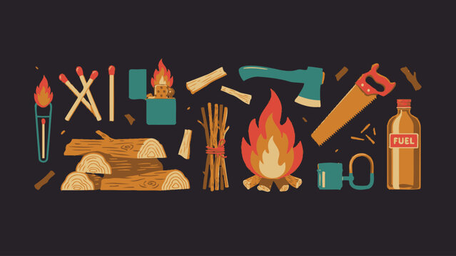 A collection of camping tools and firewood depicted in a flat vector illustration style axe saw matches lighter