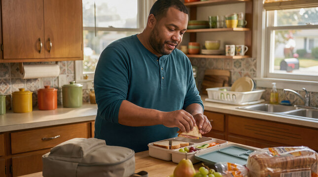 Smiling Father Preparing School Lunchbox in Home Kitchen