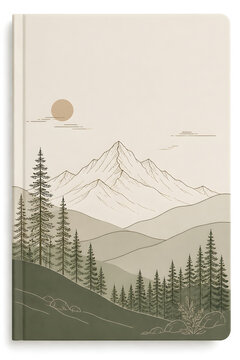 Hardcover journal with mountain landscape and forest line art illustration
