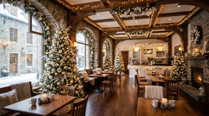 Obraz premium Cozy cafe interior decorated for Christmas with warm lights and festive trees