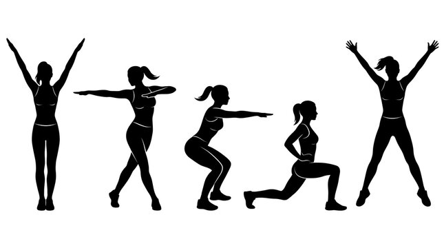 Fitness silhouette set of woman performing aerobic exercises, black female workout icons on white background, athletic girl doing squats and lunges