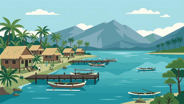 Coastal fishing village features wooden stilt houses and traditional boats moored at a dock near calm mountain waters.
