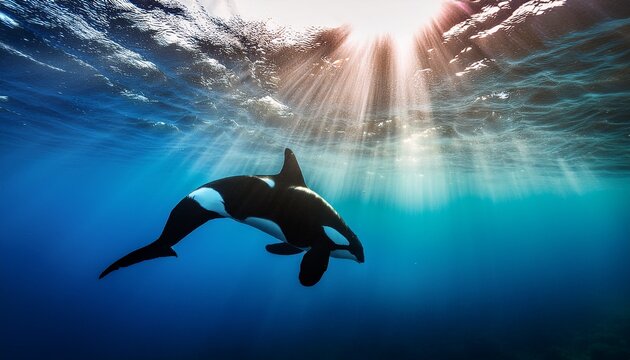 Wonderful Photo Of An Orca Underwater With Sunrays Breaking Through The Ocean Water