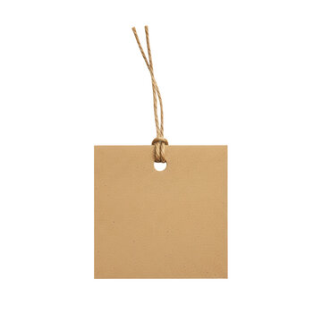 Blank square brown cardboard paper tag with natural jute twine string for pricing or gift label