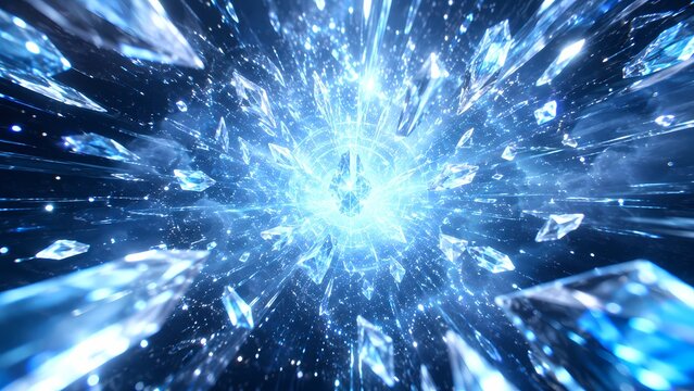Explosive abstract background with floating blue crystalline shards and lens flare crystals explosion abstract background fragment particle