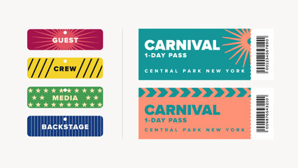 Fototapeta premium Colorful vector illustrations of event passes with text labels and barcode details on white pass ticket admission access