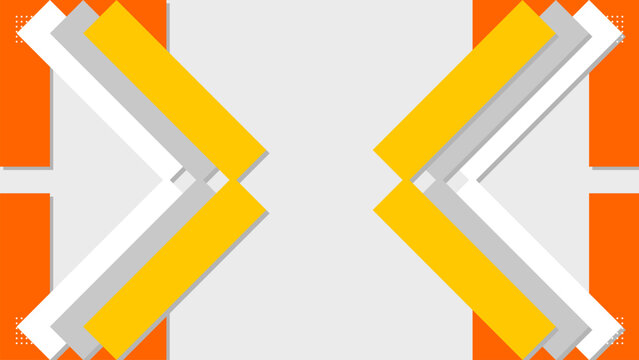 Symmetrical geometric background template with a light gray center framed by bold layered chevron arrowhead shapes in orange yellow and white with drop shadows and dot matrix corner accents