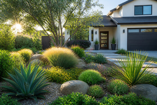 A modern house with a well-landscaped front yard featuring various plants and trees under bright sunlight.