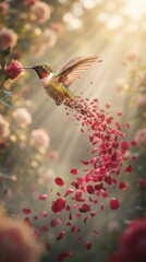 Obraz premium Hummingbird flying among pink rose petals in a sunlit garden