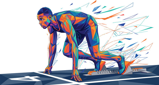 Male sprinter at starting blocks low poly polygon colorful artwork for athletic track sports graphic