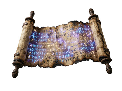 Ancient magical rune scroll isolated on transparent background. Fantasy quest item for game design.