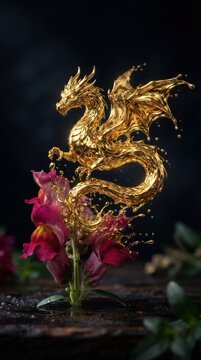 Golden liquid dragon sculpture above snapdragon flowers