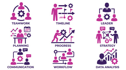 Obraz premium Labeled professional business strategy and teamwork icons.