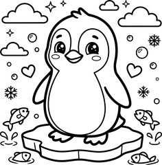 Cute penguin on ice surrounded by fish hearts bubbles and snowflakes © NurA