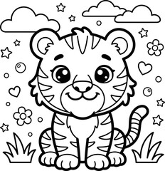 Fototapeta premium Cute tiger cub sitting on grass surrounded by stars hearts flowers and bubbles