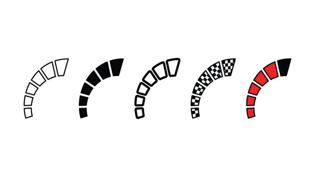 Five different colored speedmeter icon in various styles and colors on a white background