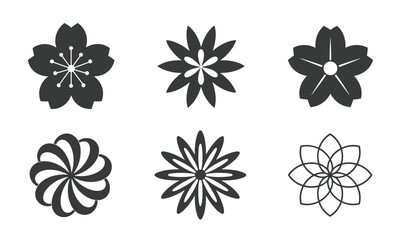 Fototapeta premium Collection of Six Stylized Black Flower and Swirl Icons