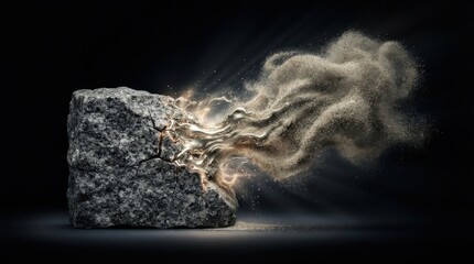 Fototapeta premium Cracked stone block emitting liquid metal and dust particles