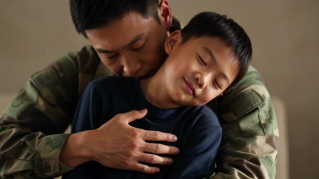 Military Father Hugging Son in Camouflage Uniform at Home Reunion Video clip