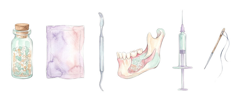 Dental bone grafts watercolor set for oral surgery, featuring anatomical jawbone model, syringe, suture needle, dental instruments, membrane, and medicine bottle isolated on pristine white background.
