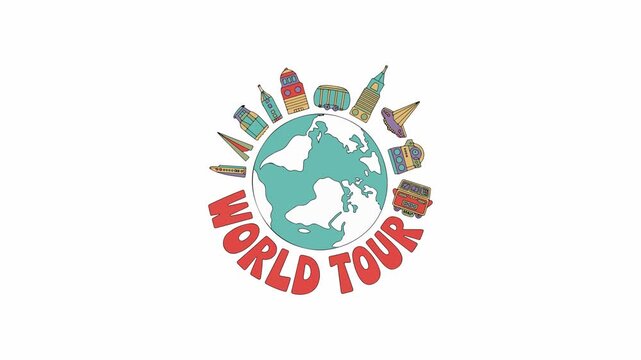 Animated World Tour Concept with Earth Globe and Famous Landmarks