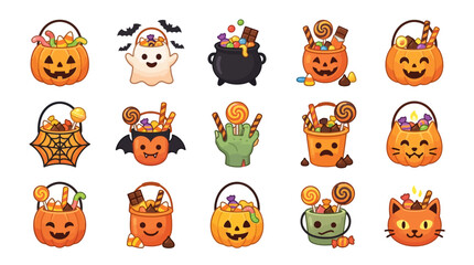 Fototapeta premium Colorful halloween candy bucket and treat bag icons.