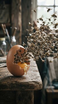 Broken egg with swarm of bees emerging on rustic wooden table