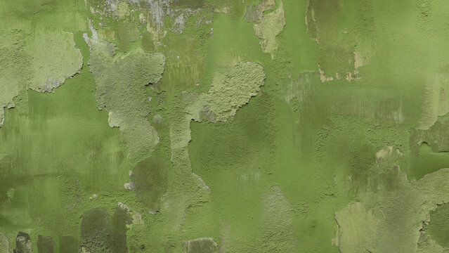 Textured Green Peeling Paint on Old Wall Background, Rustic Moss Green Distressed Plaster Surface Wallpaper with Gritty Organic Shapes and Industrial Vintage Mood