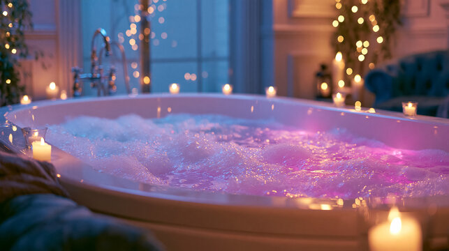 Bathtub filling with warm water and bubbles, creating a romantic atmosphere with candlelight for ultimate relaxation