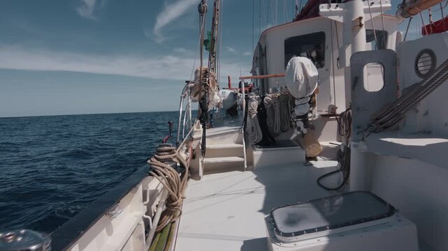 Expeditional sailing vessel moves in the open ocean